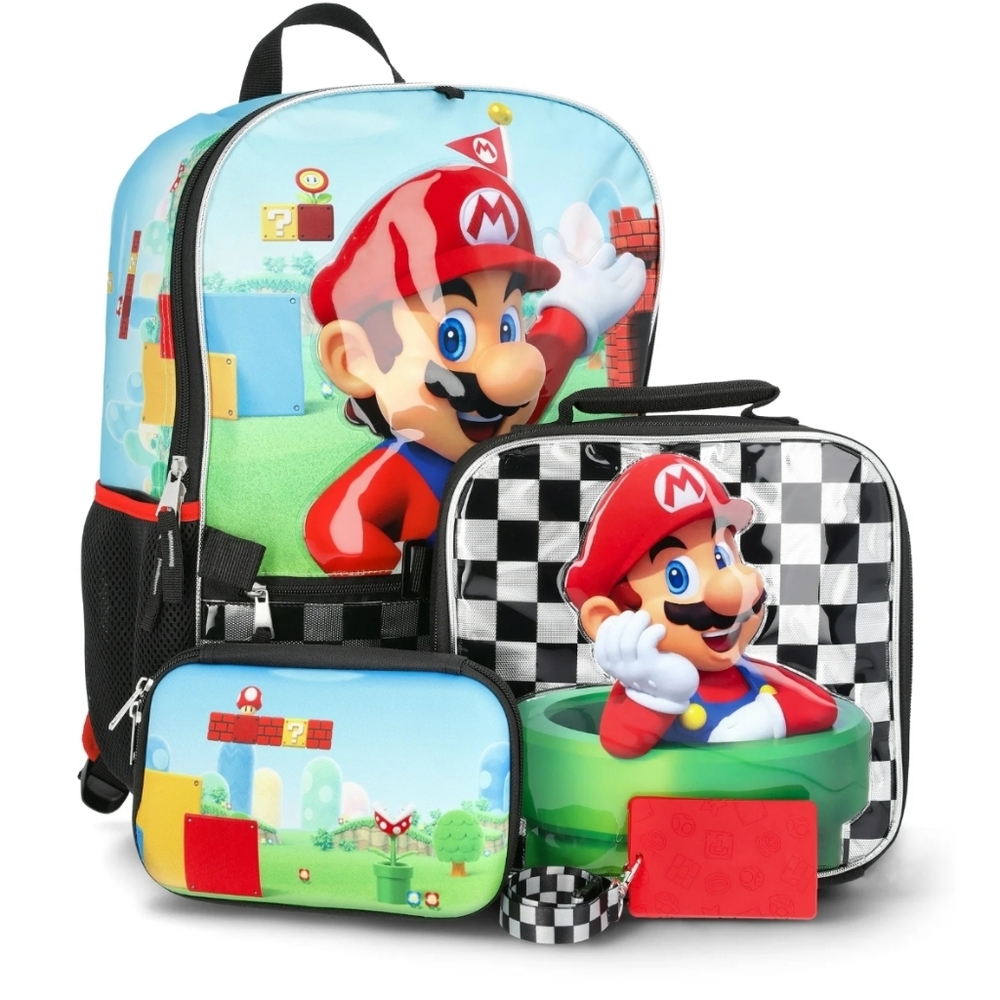 Nintendo Boys' 17" Super Mario Backpack, Lunch Box, Gadget Case, and ID Holder